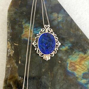 Sterling Silver 925 Oval Blue Molded Glass Floral Filigree Pendant Necklace 18"